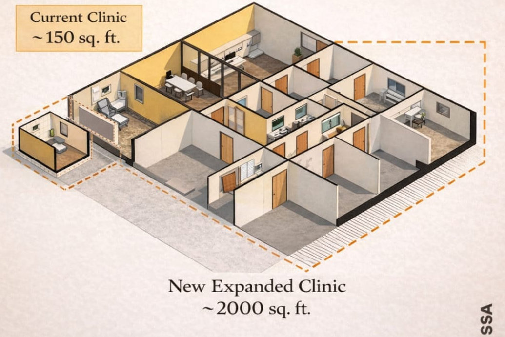 SMOM Good Shepard clinic floor plan showing the original 150 sq f t versus the new, 2000sq foot facility.